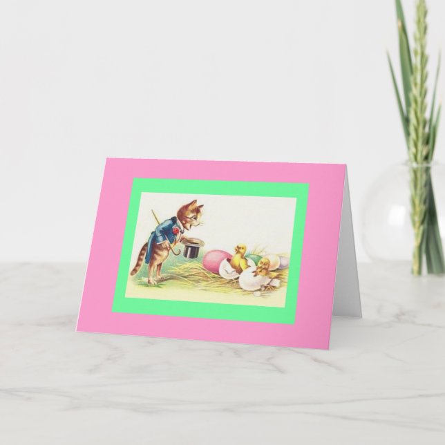 Vintage Cat Ringmaster & Easter Chicks Holiday Card (Front)