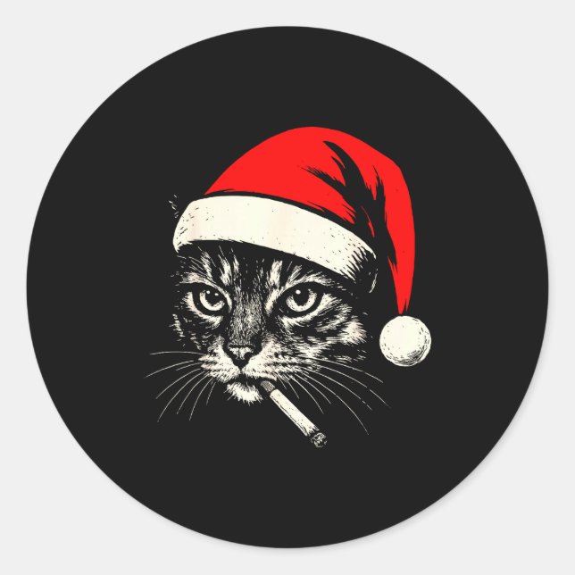 Vintage Cat Smoking Cigarette Christmas Cat Santa  Classic Round Sticker (Front)