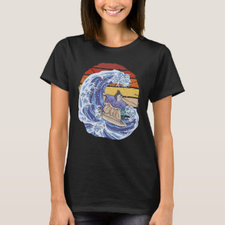 Vintage cat surfing a wave wearing Japanese tradit T-Shirt