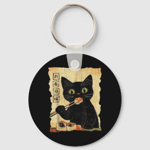 Vintage Cat Sushi Graphic Japanese Art Aesthetic Key Ring
