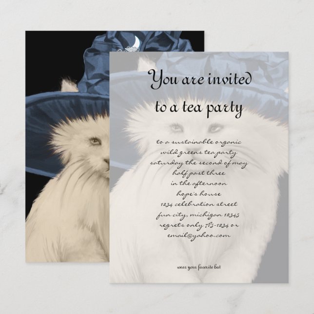 Vintage Cat Tea Party Invitation Vintage Blue Hat (Front/Back)