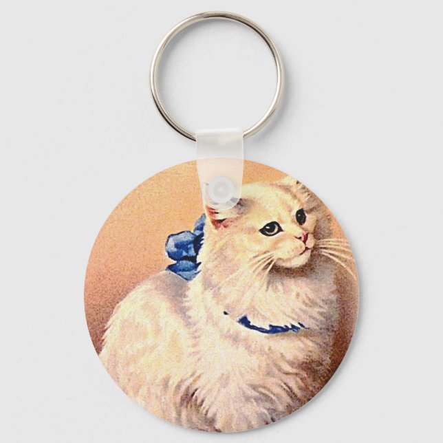 Vintage Cat with Blue Bow Key Ring (Front)
