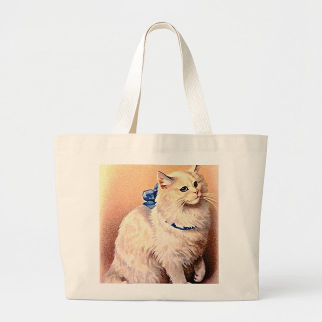 Vintage Cat with Blue Bow Large Tote Bag (Front)