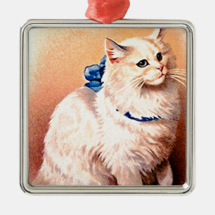 Vintage Cat with Blue Bow Metal Tree Decoration