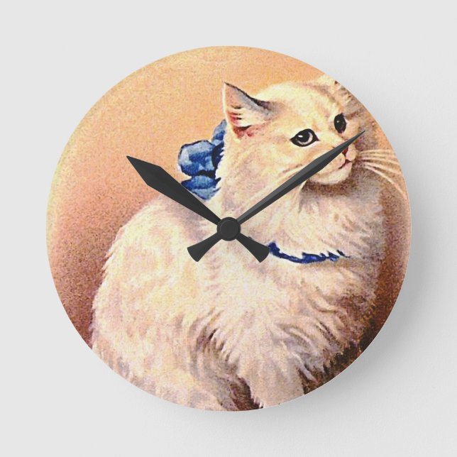 Vintage Cat with Blue Bow Round Clock (Front)