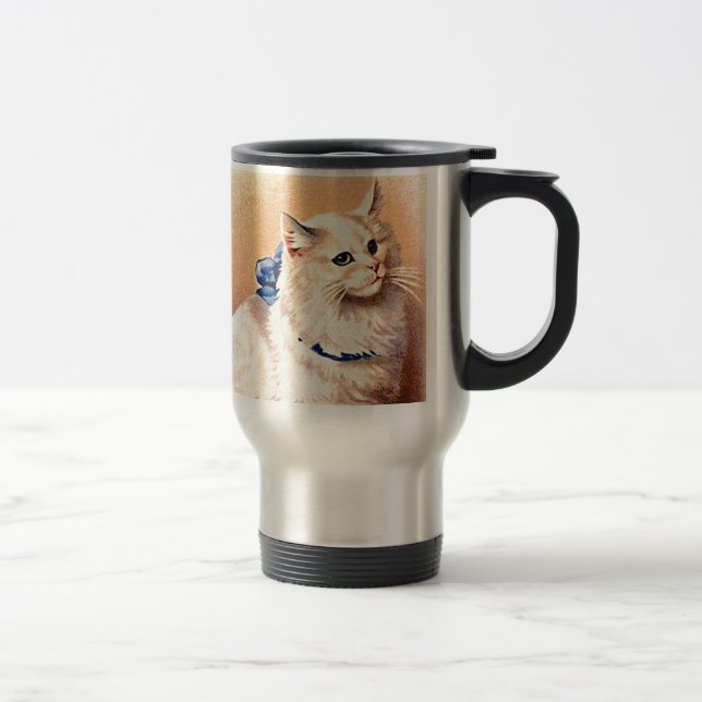 Vintage Cat with Blue Bow Travel Mug (Right)