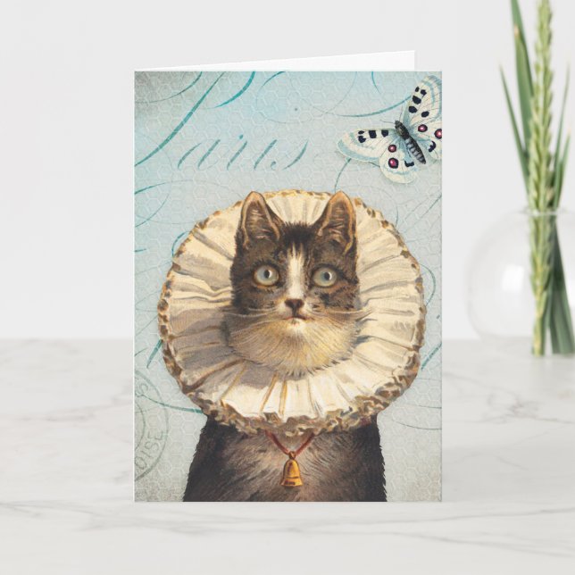 Vintage Cat with Ruff Collar and Butterflies Card (Front)