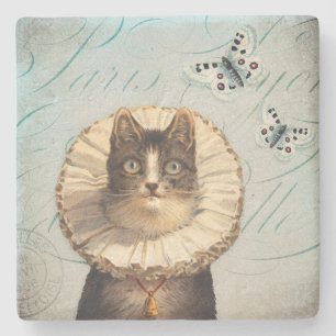 Vintage Cat with Ruff Collar and Butterflies Stone Coaster