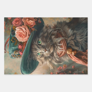 Vintage Cat with Teal Hat & Attire Decoupage Wrapping Paper Sheet