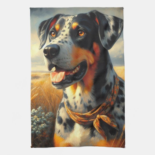 Vintage Catahoula Leopard Dog Painting Tea Towel (Vertical)