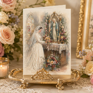 Vintage Catholic Bride at the Marian Altar Wedding Card