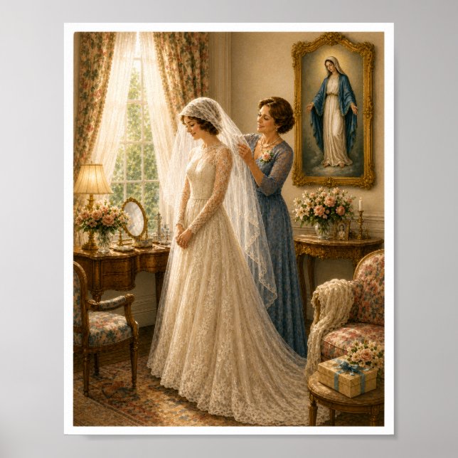 Vintage Catholic Bride Veil Marian Wedding Poster (Front)