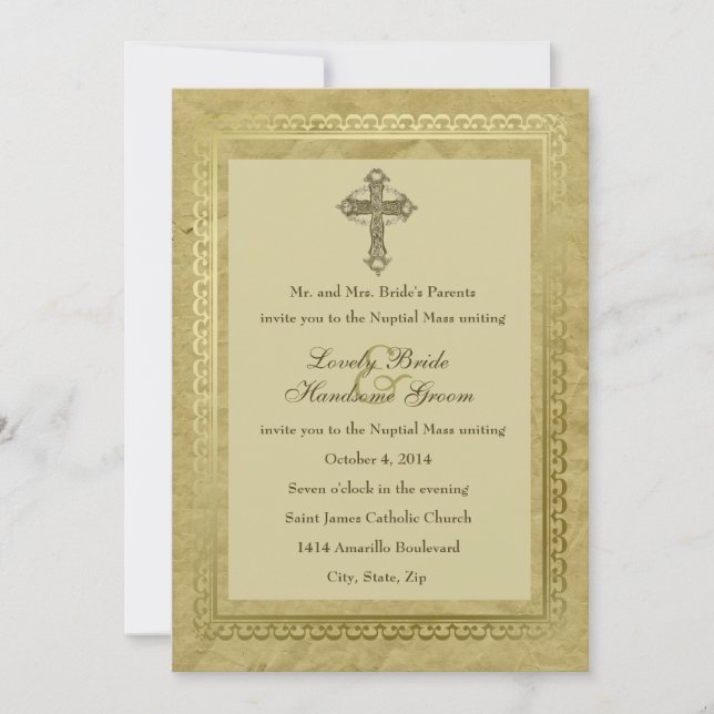 Vintage Catholic Cross Wedding Invitation Green 1 (Front)