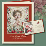 Vintage Catholic Jesus Christmas Photo  Holiday Card<br><div class="desc">This elegant Christmas card beautifully encapsulates the spirit of Christmas with its classic design featuring the Child Jesus. The golden frame and lush Christmas floral accents add a touch of beauty, inviting recipients to adore Christ the Lord during the holy season. Perfect for sharing the joy and reverence of Christmas...</div>