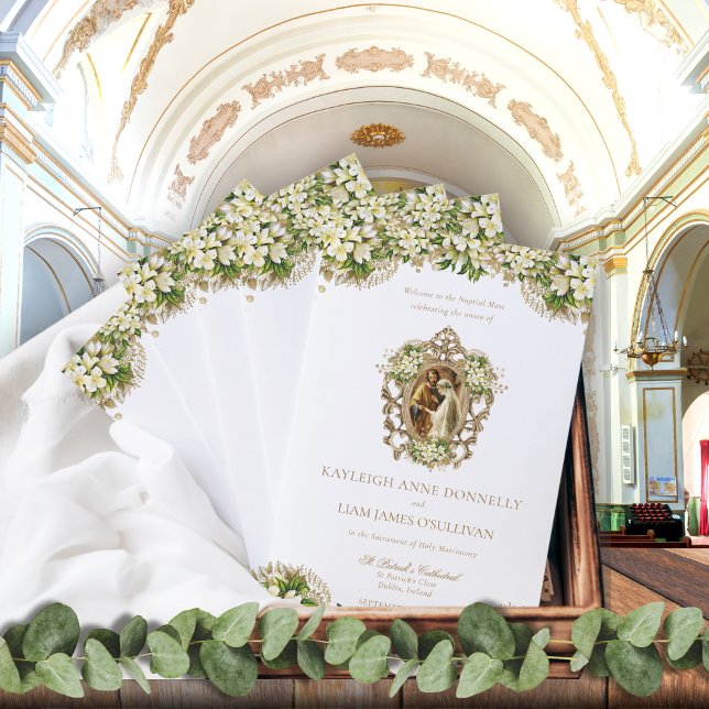 Vintage Catholic Wedding Mass Ceremony Program (Elegant, vintage, Catholic wedding mass program with white and gold flowers, lace and greenery)