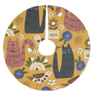 Vintage Cats and Birds, Hand Drawn. Brushed Polyester Tree Skirt