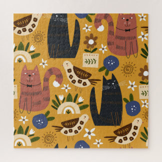 Vintage Cats and Birds, Hand Drawn. Jigsaw Puzzle