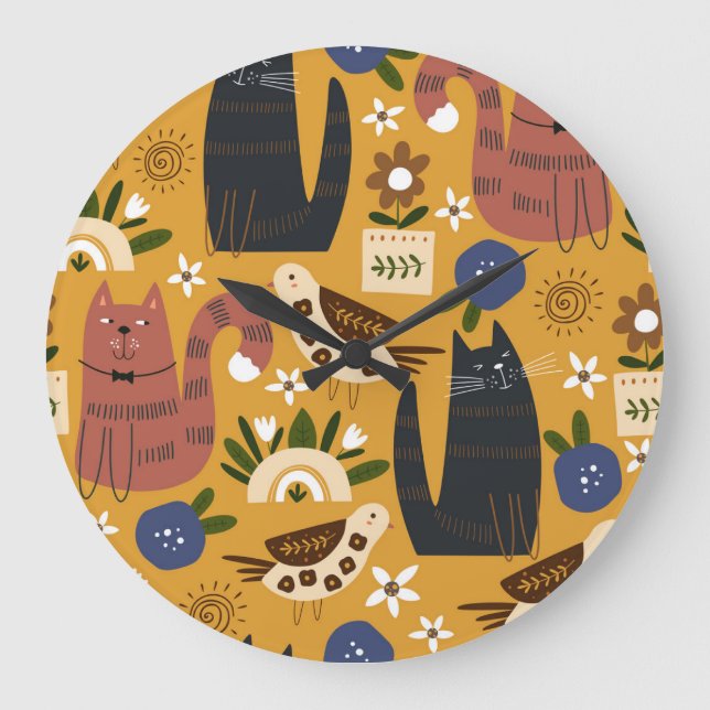 Vintage Cats and Birds, Hand Drawn. Large Clock (Front)