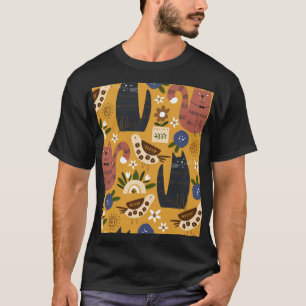 Vintage Cats and Birds, Hand Drawn. T-Shirt