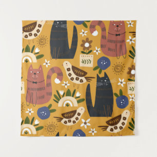 Vintage Cats and Birds, Hand Drawn. Tapestry