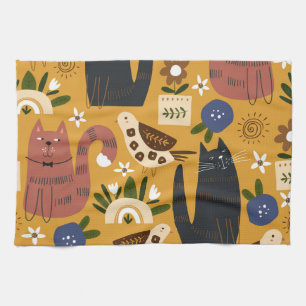 Vintage Cats and Birds, Hand Drawn. Tea Towel
