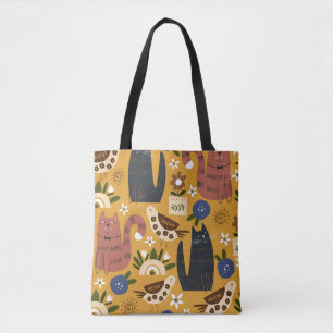 Vintage Cats and Birds, Hand Drawn. Tote Bag
