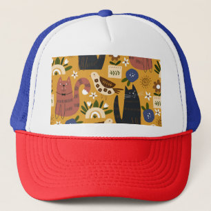 Vintage Cats and Birds, Hand Drawn. Trucker Hat