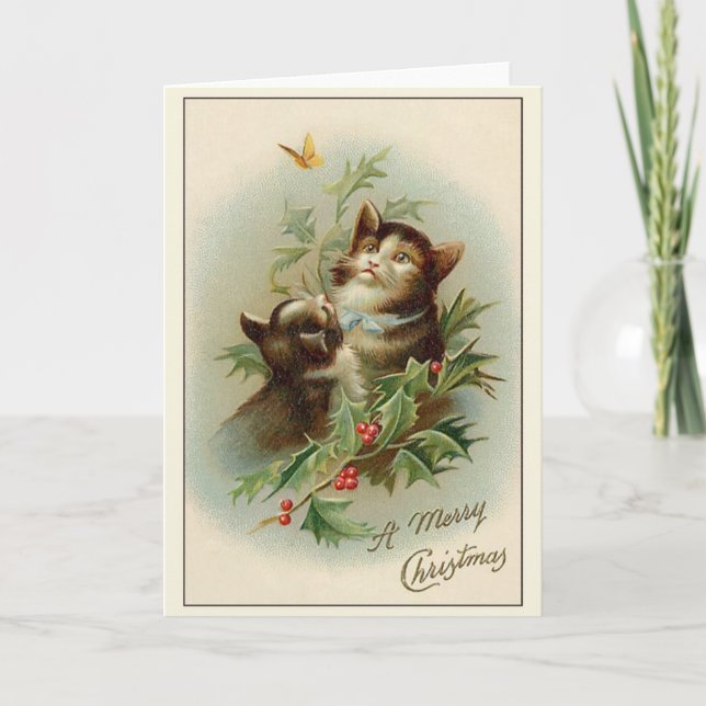Vintage Cats and Butterfly Christmas Greeting Card (Front)