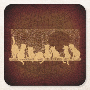 Vintage Cats Art Rustic Brown Aged Map Style Square Paper Coaster