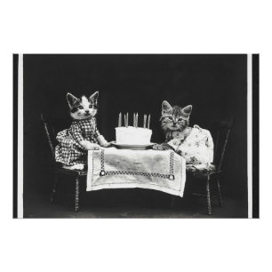 Vintage Cats at a Birthday Party Poster