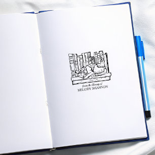 Vintage Cats Bookshelf Bookplate Rubber Stamp