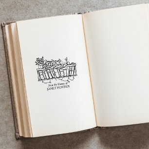 Vintage Cats Bookshelf Bookplate Rubber Stamp