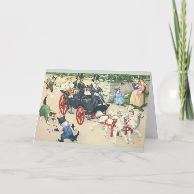 Vintage Cats in Carriage Wedding Greeting Card (Front)