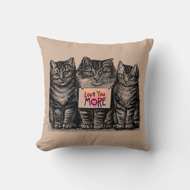 Vintage Cats "Love You More" Throw Pillow (Front)