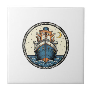 Vintage Cats on Ocean Liner Ship Art Shirt Design_ Tile