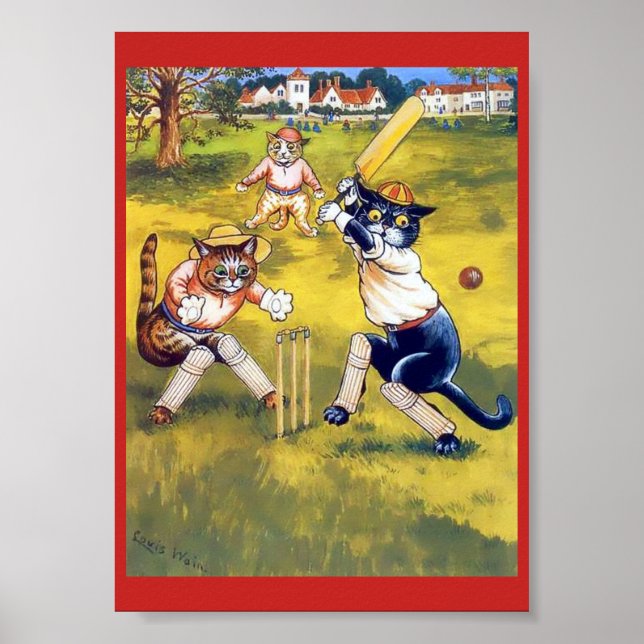 Vintage Cats Playing Cricket Poster (Front)