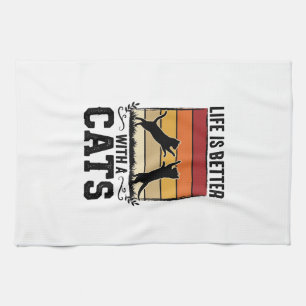 Vintage Cats Quote Retro Sunset Cat Lover Design_1 Tea Towel