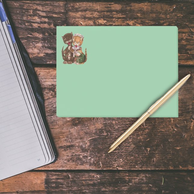 Vintage Cats Rat Gift Basket Post-it Notes (Cute cat couple female giving male rats from green basket on mint green post it notes.)