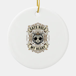 Vintage Cats Rule My Heart Crowned Cat Design_1 Ceramic Tree Decoration
