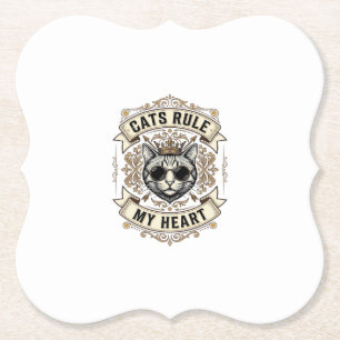 Vintage Cats Rule My Heart Crowned Cat Design_1 Paper Coaster