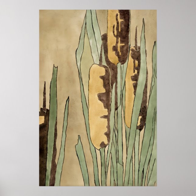 Vintage Cattail Botanical Print  Earth Tone (Front)