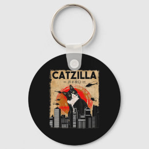 Vintage Catzilla Tee - Funny Tuxedo Cat And Kitten Key Ring