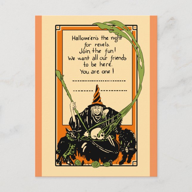 Vintage Cauldron Black Cat and Owl Postcard (Front)