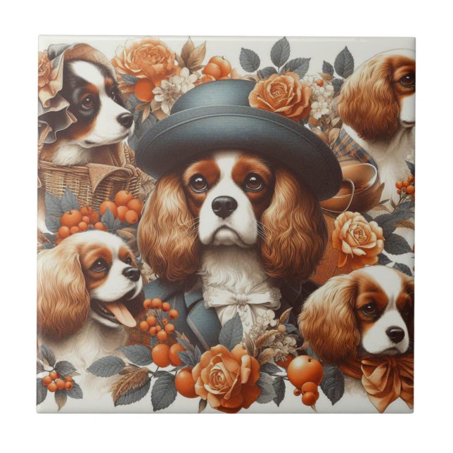 Vintage Cavalier King Charles Spaniel  Painting Tile (Front)