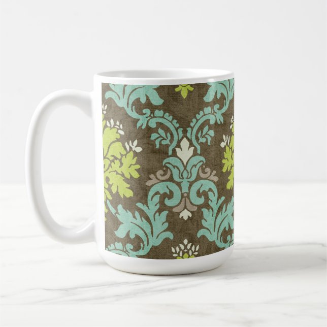 Vintage Celadon and Aqua Damask Coffee Mug (Left)