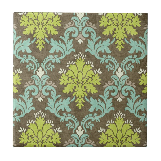 Vintage Celadon and Aqua Damask Tile (Front)