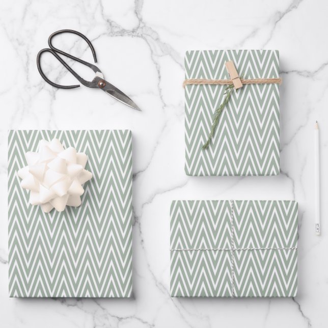 Vintage Celadon Green Zigzag Wrapping Paper Sheet (Front)