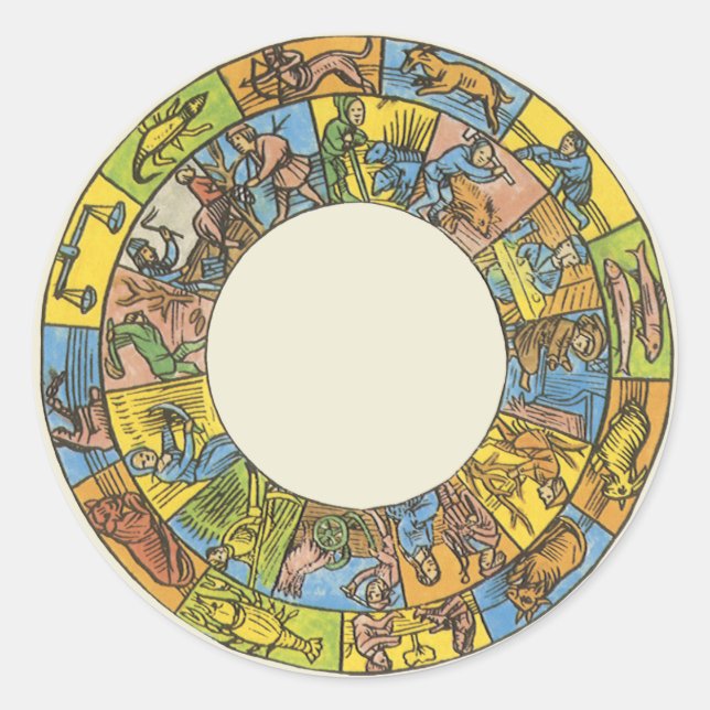 Vintage Celestial, Astrological Zodiac Wheel Classic Round Sticker (Front)