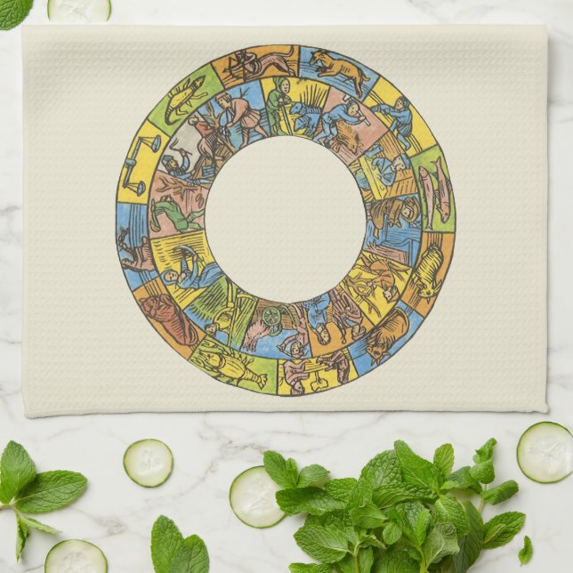 Vintage Celestial, Astrological Zodiac Wheel Tea Towel (Folded)