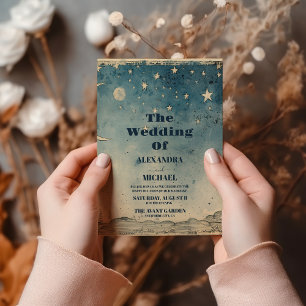 Vintage Celestial Blue Crescent Moon Invitation